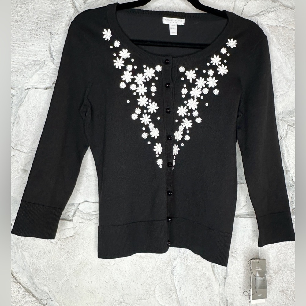 Charter Club Petites | Women’s Black Cardigan w/Embroidered Daisy, Size 2P